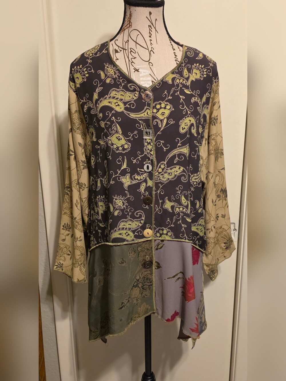 Nothing Matches Mixed Media Sz 1 Large Vintage 90's Blouse Art To Wear Lagenlook